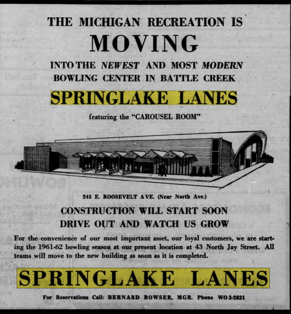 Springlake Lanes - Aug 13 1961 Ad (newer photo)